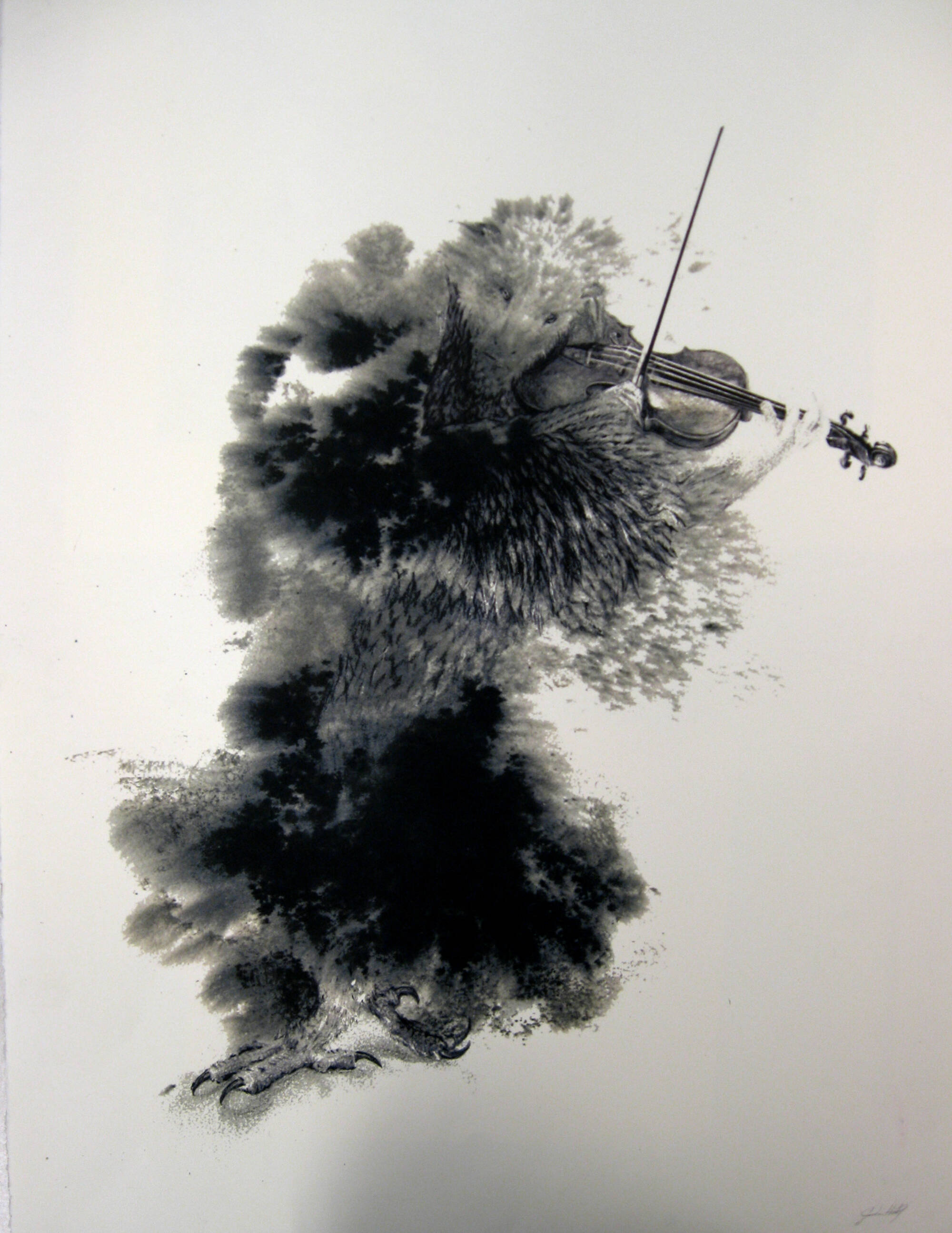 Black and white print of a human like figure covered in feathers while playing the violin.